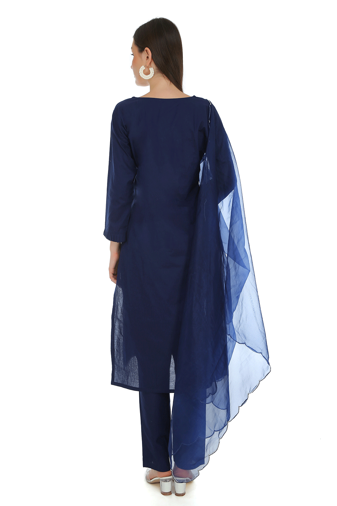 Briti Navy Blue Cotton Chanderi Suit Set with Organza Dupatta