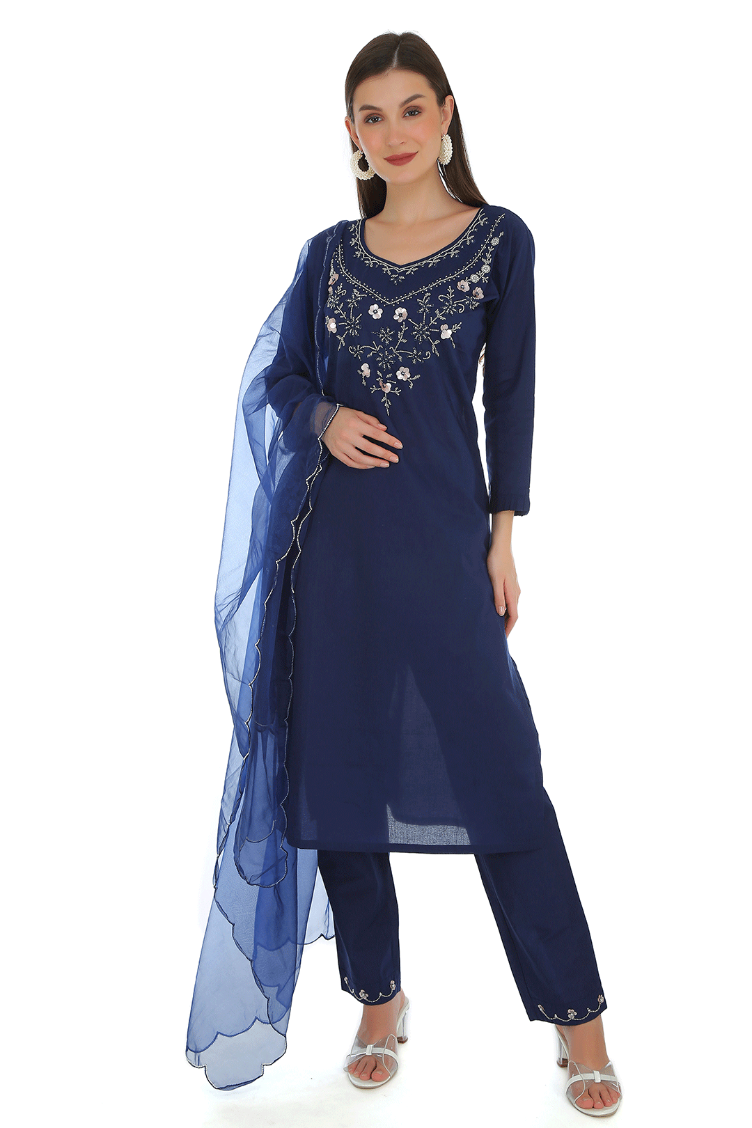 Briti Navy Blue Cotton Chanderi Suit Set with Organza Dupatta