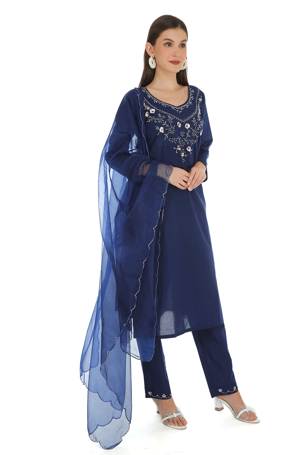 Briti Navy Blue Cotton Chanderi Suit Set with Organza Dupatta