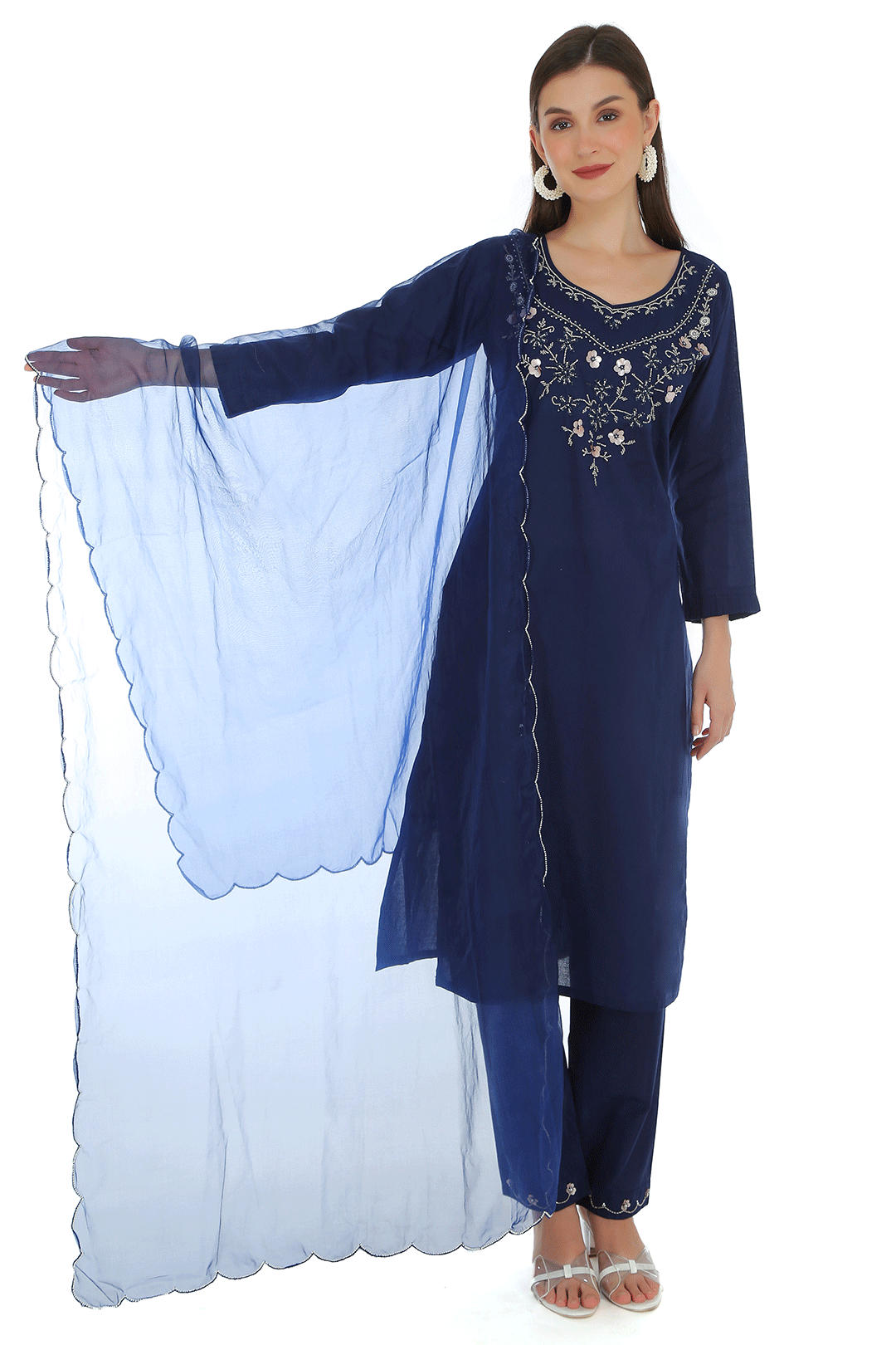 Briti Navy Blue Cotton Chanderi Suit Set with Organza Dupatta