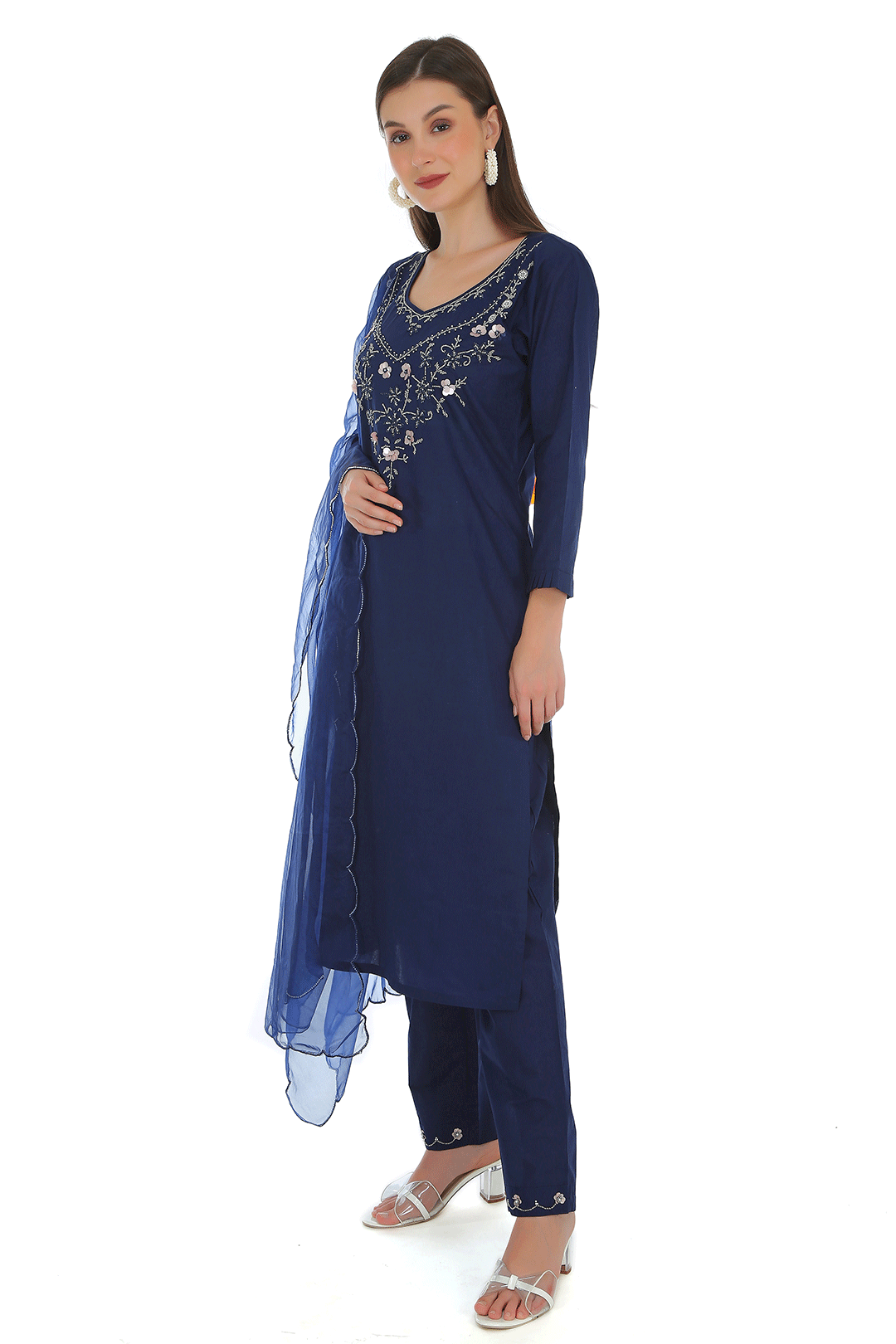 Briti Navy Blue Cotton Chanderi Suit Set with Organza Dupatta