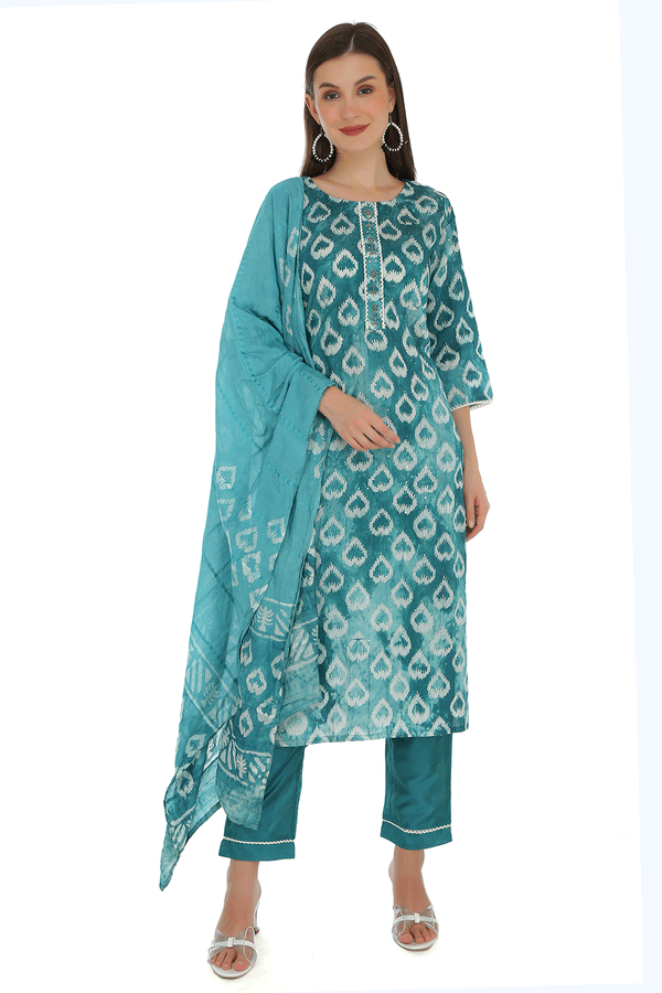 Bahar Teal  Blue Cotton Muslin Suit Set