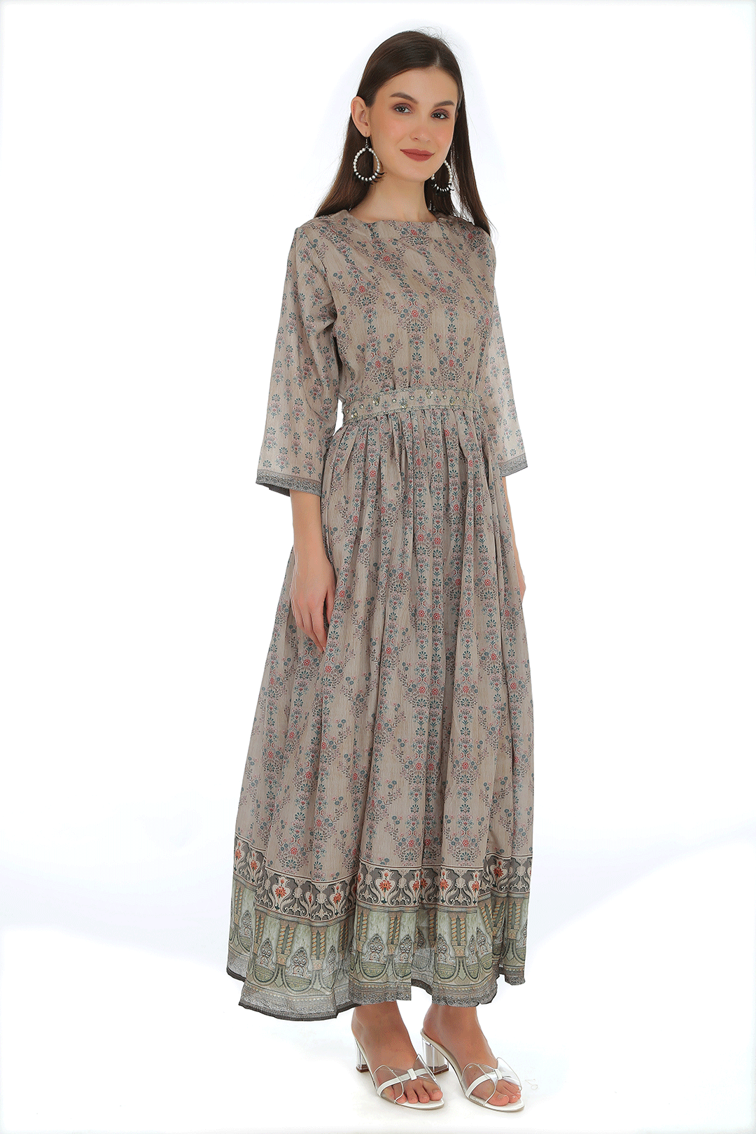 Bela Beige Floral Gown with belt (Non Padded)