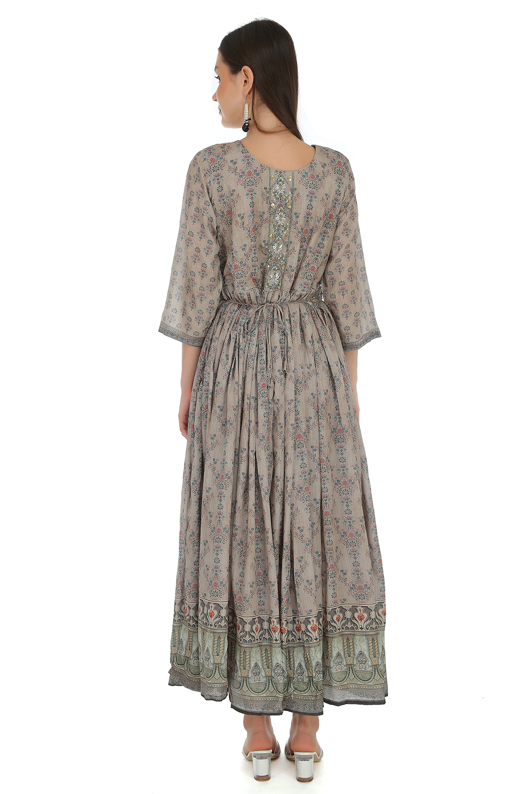 Bela Beige Floral Gown with belt (Non Padded)