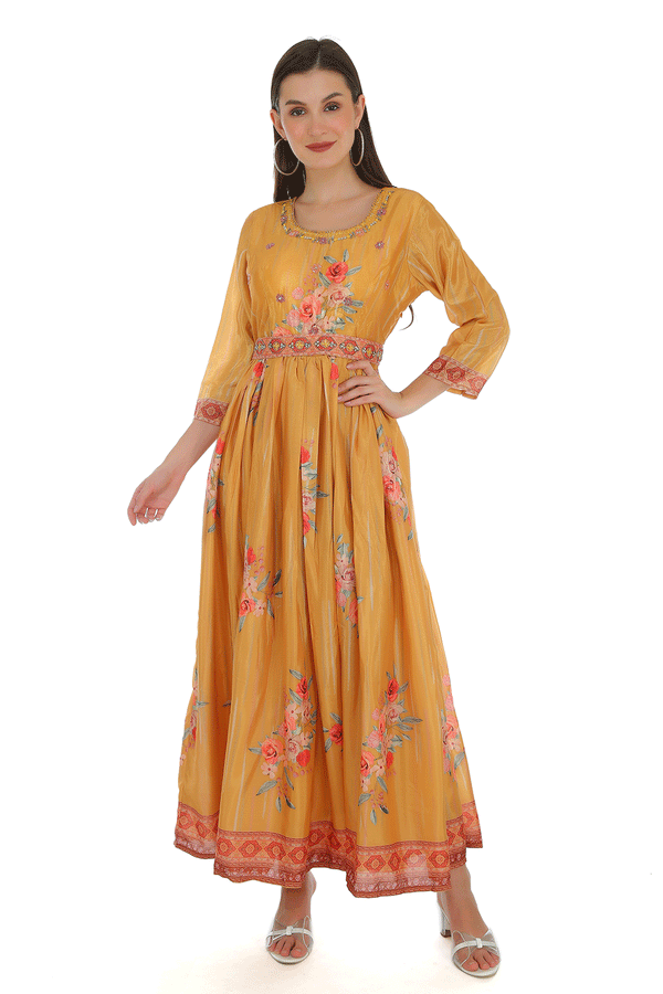 Yami  Yellow  Floral Anarkali Dress with belt (Padded)