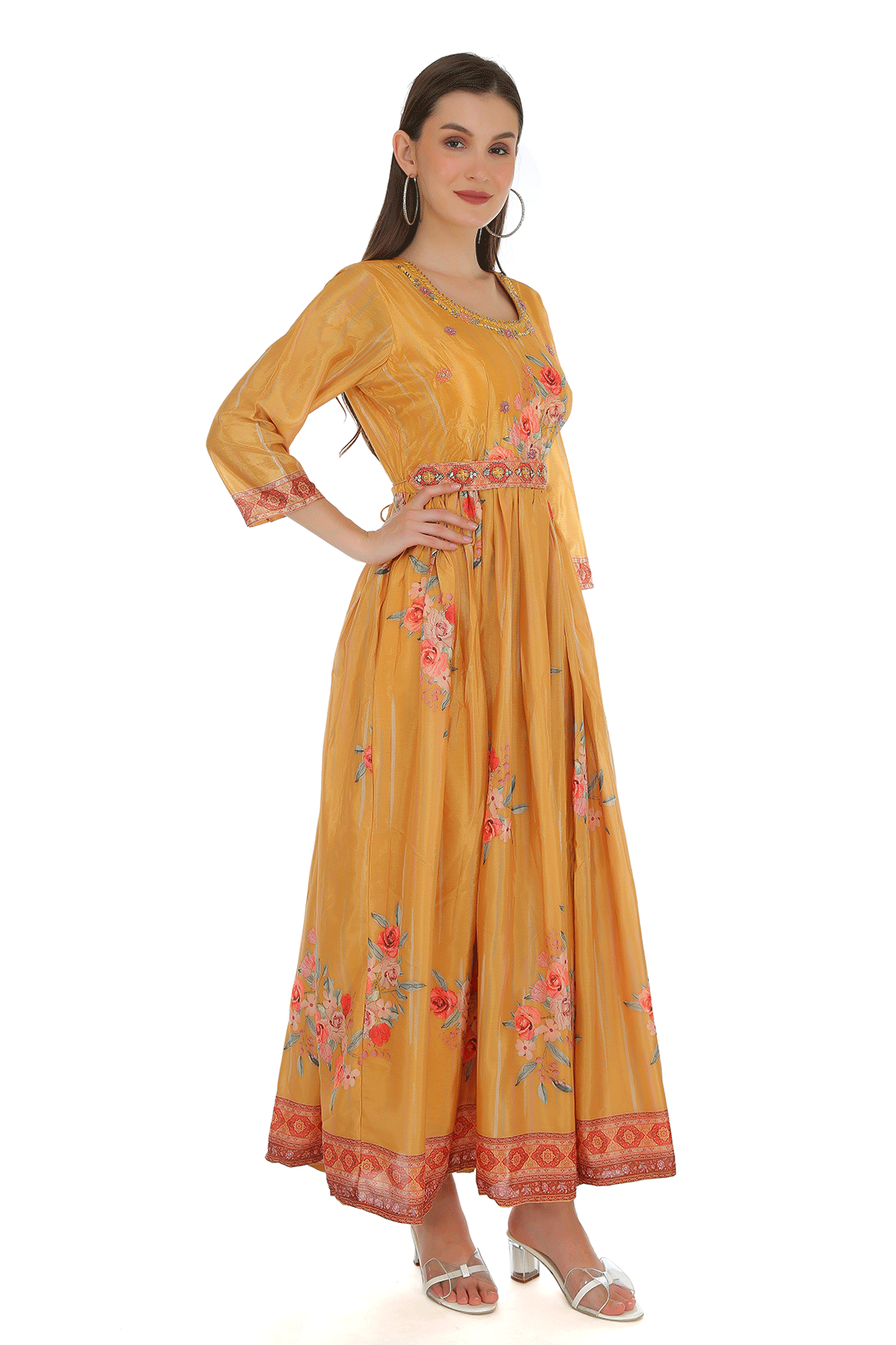 Yami  Yellow  Floral Anarkali Dress with belt (Padded)