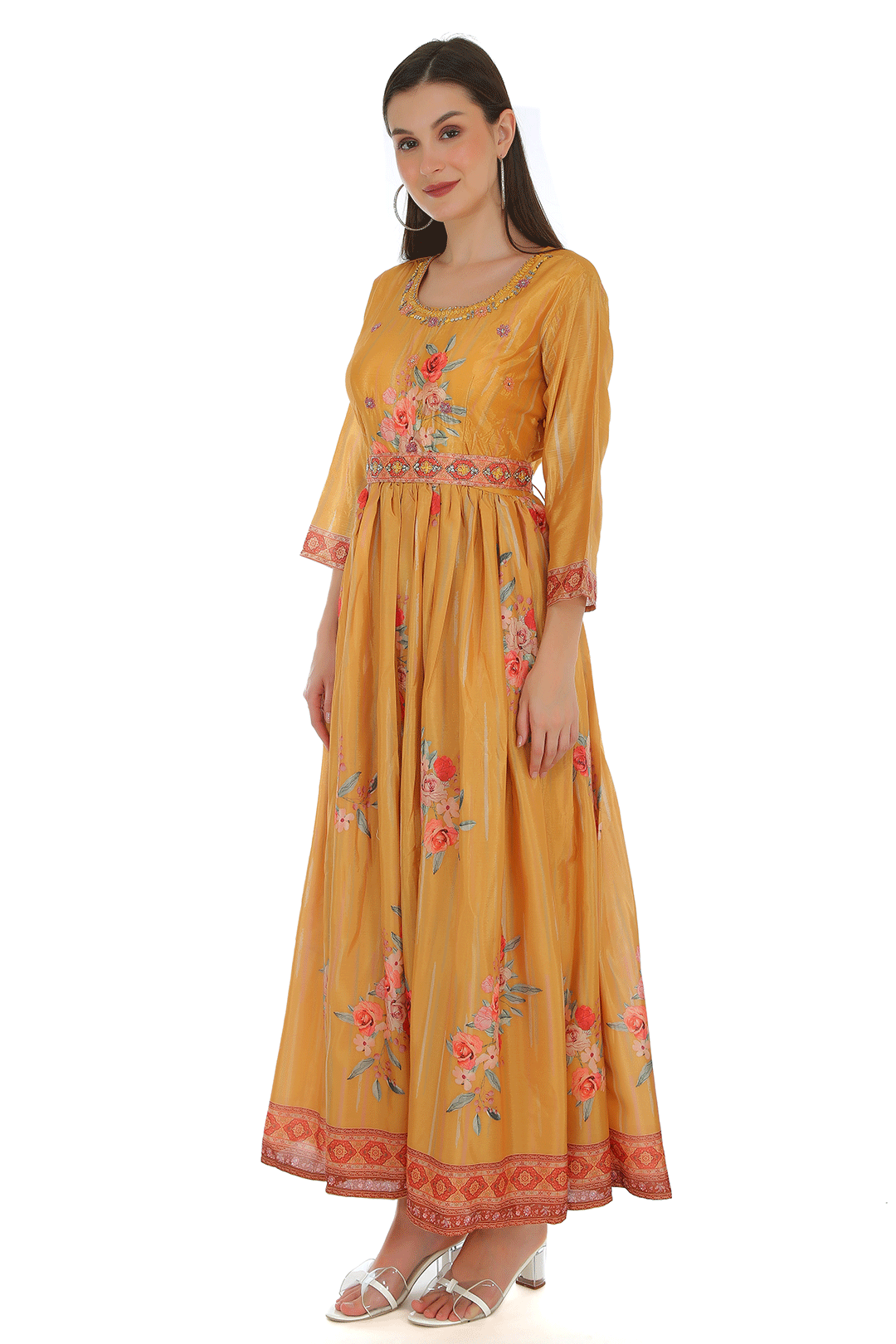 Yami  Yellow  Floral Anarkali Dress with belt (Padded)