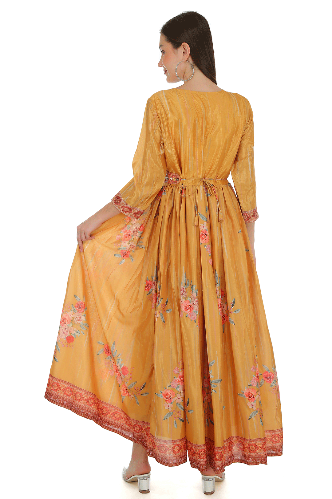 Yami  Yellow  Floral Anarkali Dress with belt (Padded)