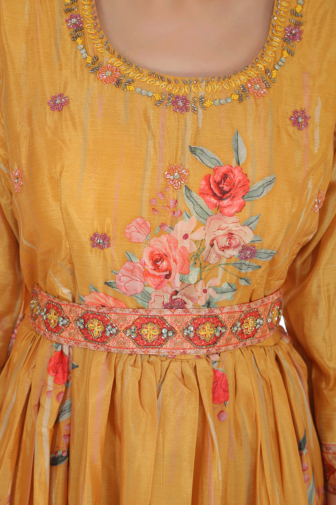 Yami  Yellow  Floral Anarkali Dress with belt (Padded)