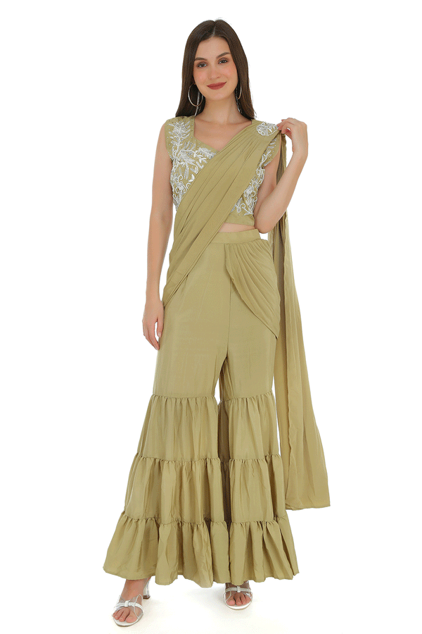 Champagne  Drape Sharara with Blouse (Non Padded)