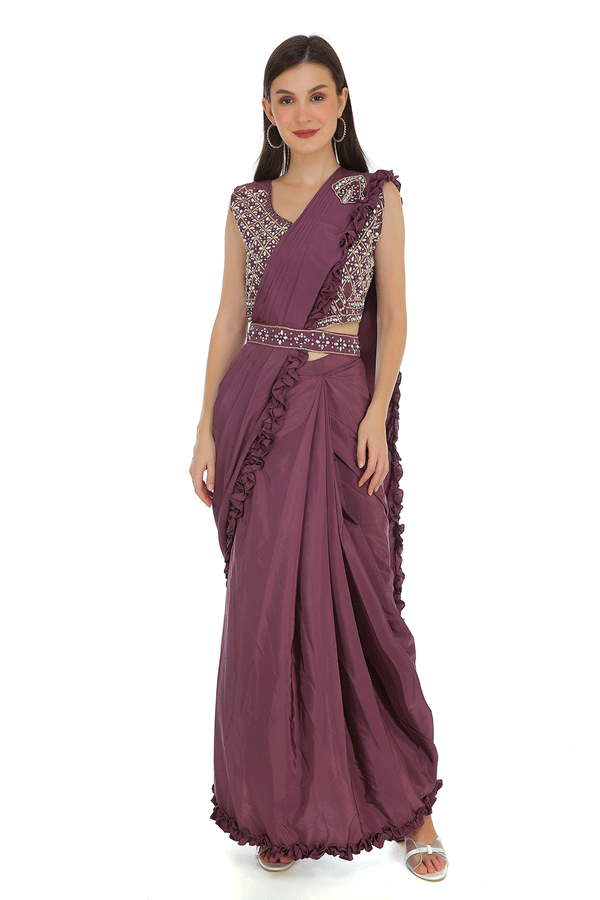 Purple Drape saree with Belt & Blouse (Non Padded)