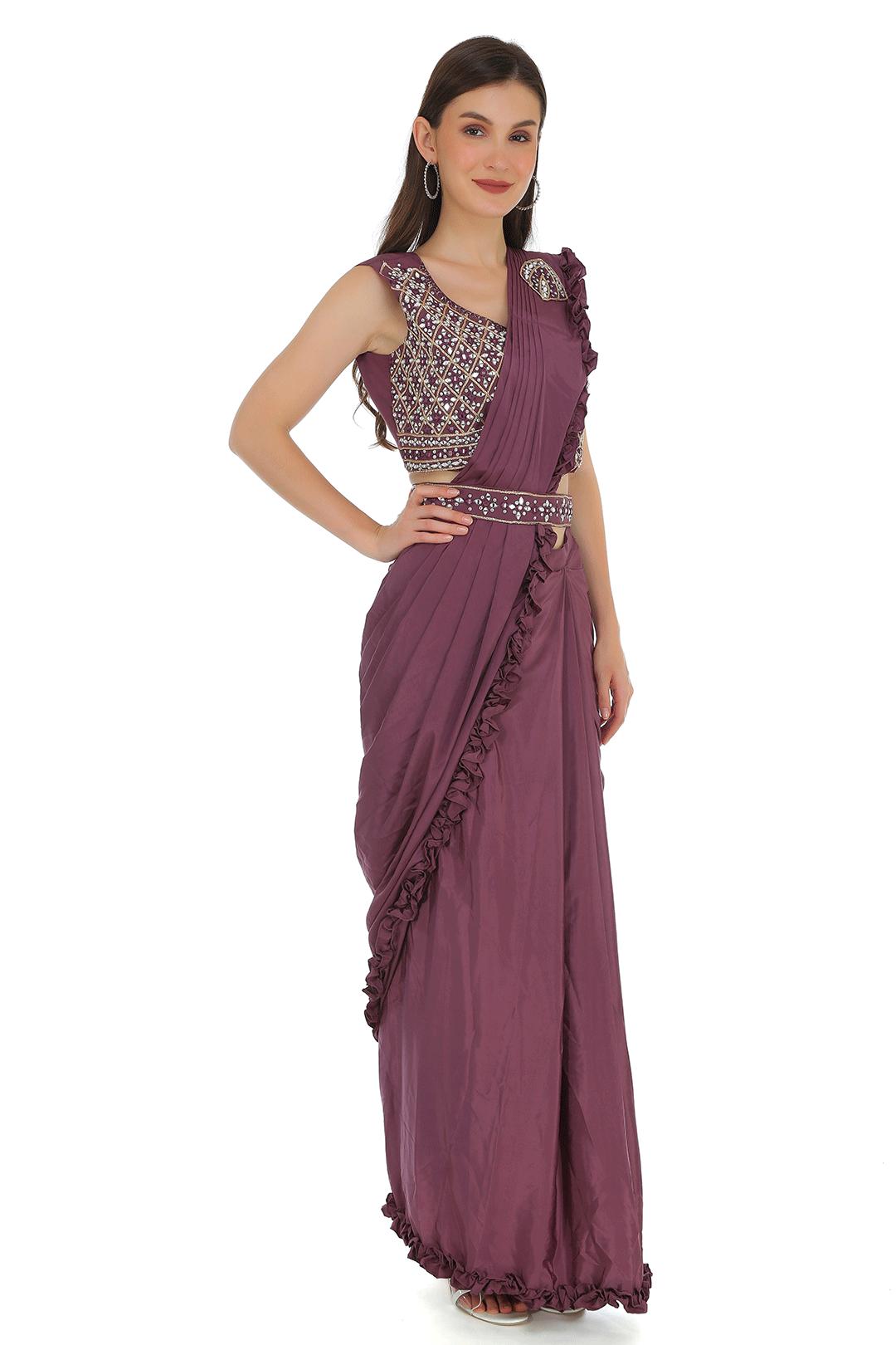 Purple Drape saree with Belt & Blouse (Non Padded)