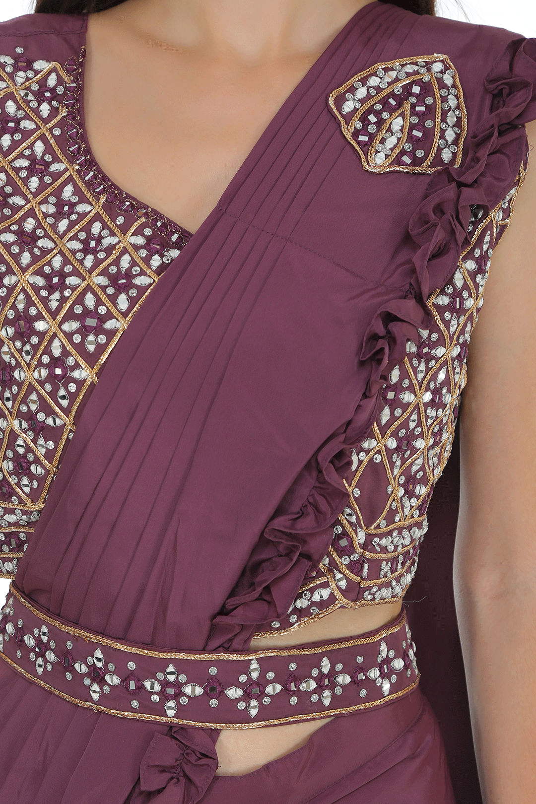 Purple Drape saree with Belt & Blouse (Non Padded)