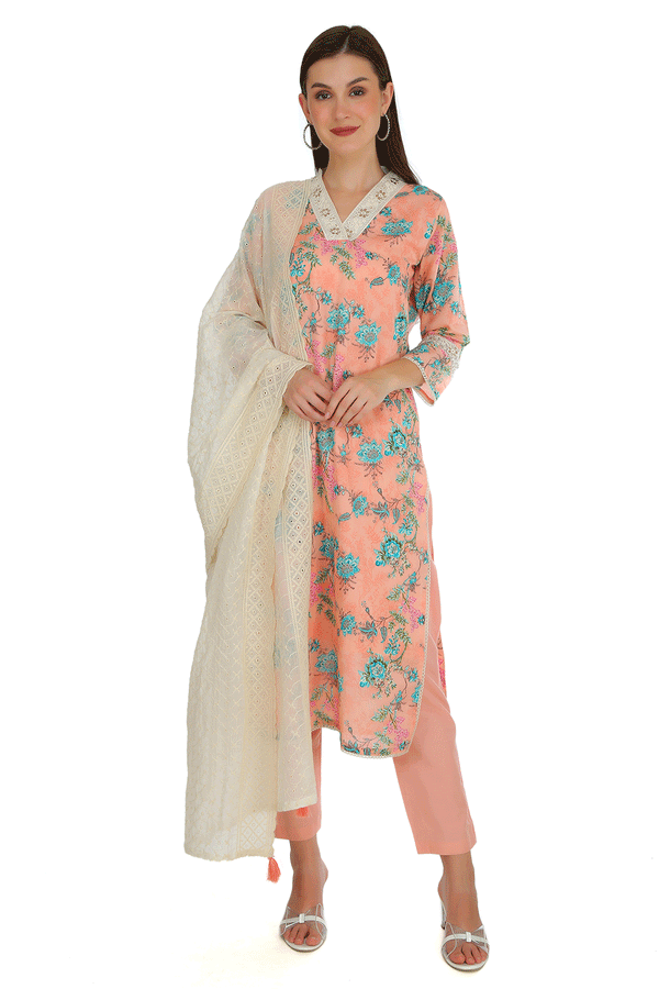 Pakhi Peach Floral Cotton Mul  Suit Set with Cotton Mul Dupatta