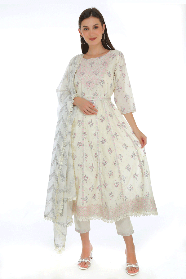 White Anarkali Cotton Mul Suit Set with Belt