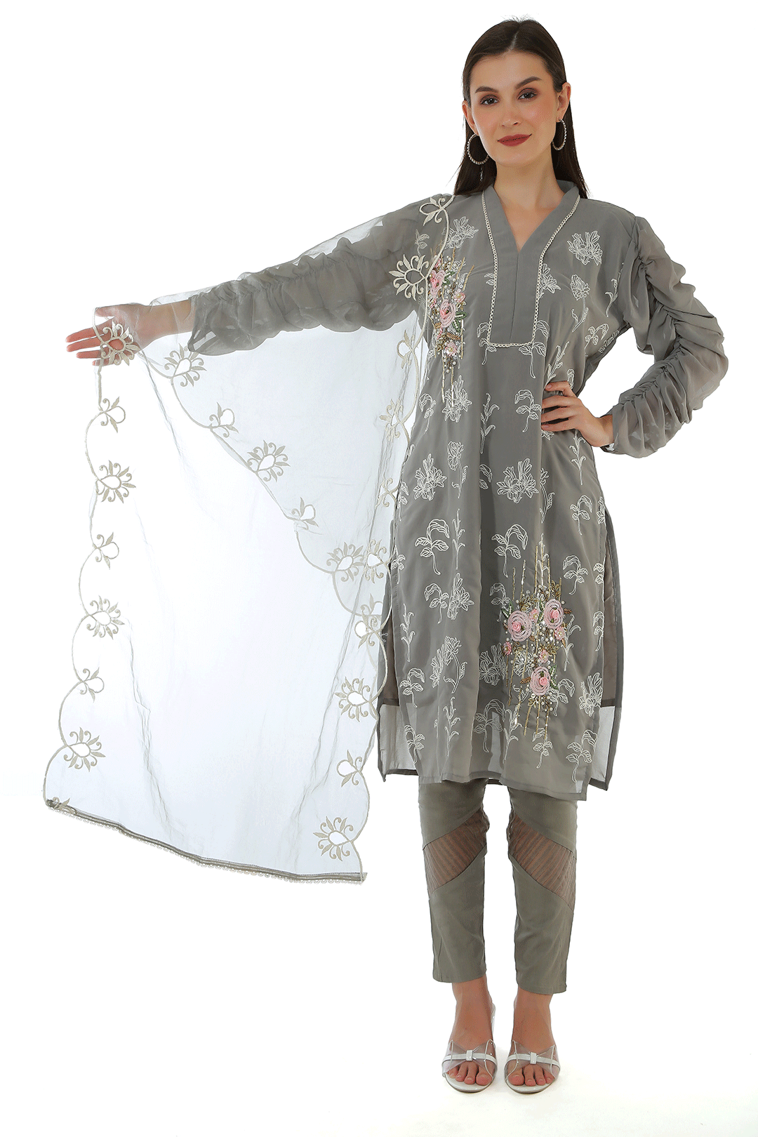 Glare Grey Puffed Sleeves Suit Set