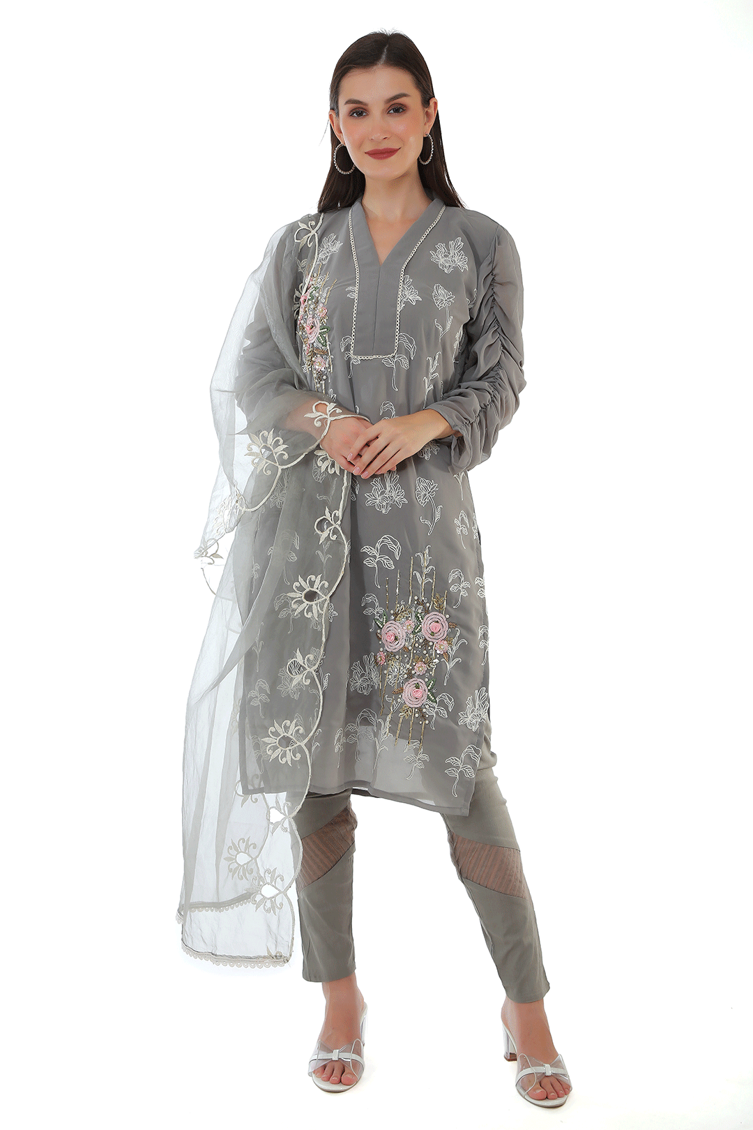 Glare Grey Puffed Sleeves Suit Set