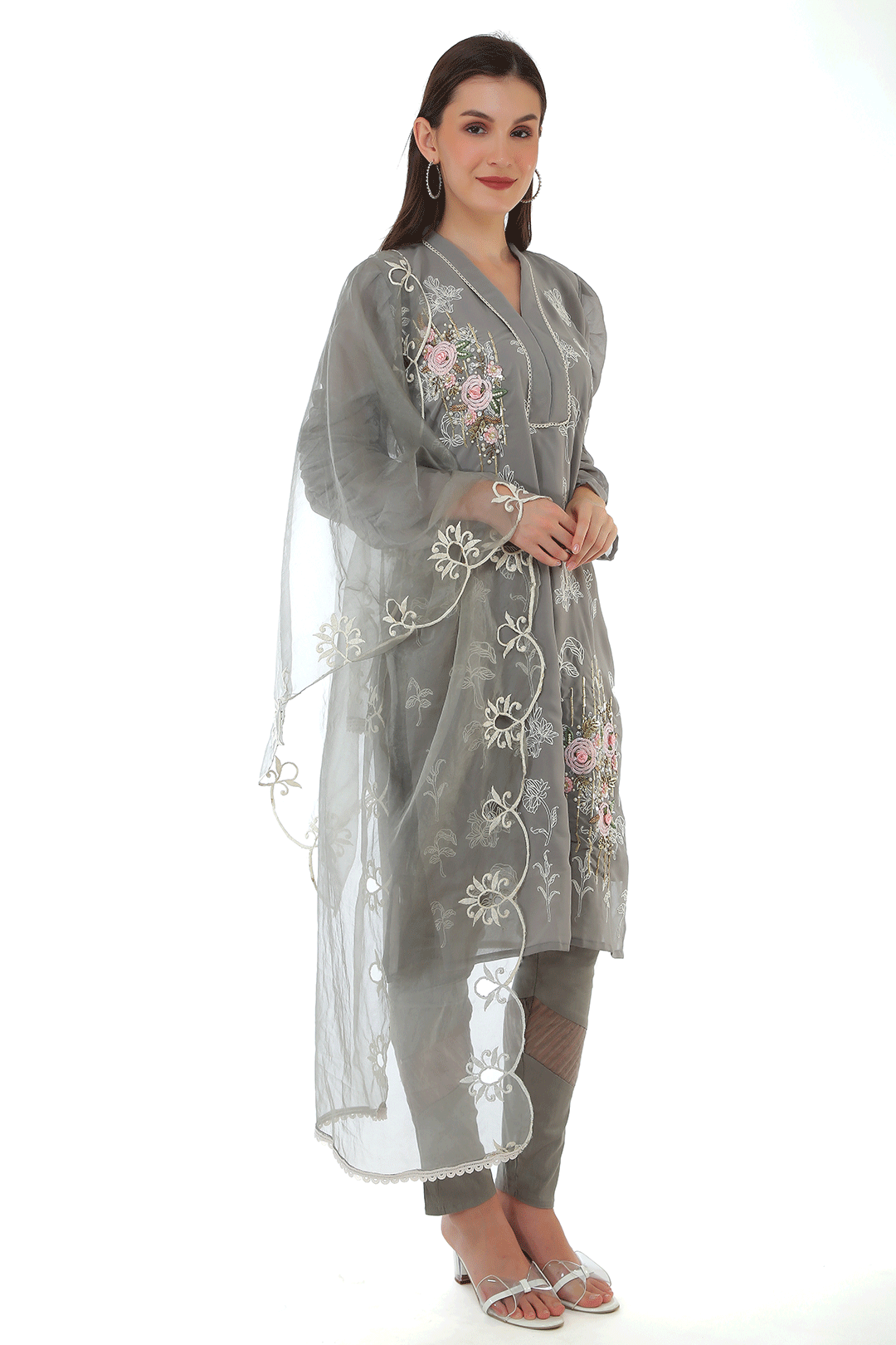 Glare Grey Puffed Sleeves Suit Set