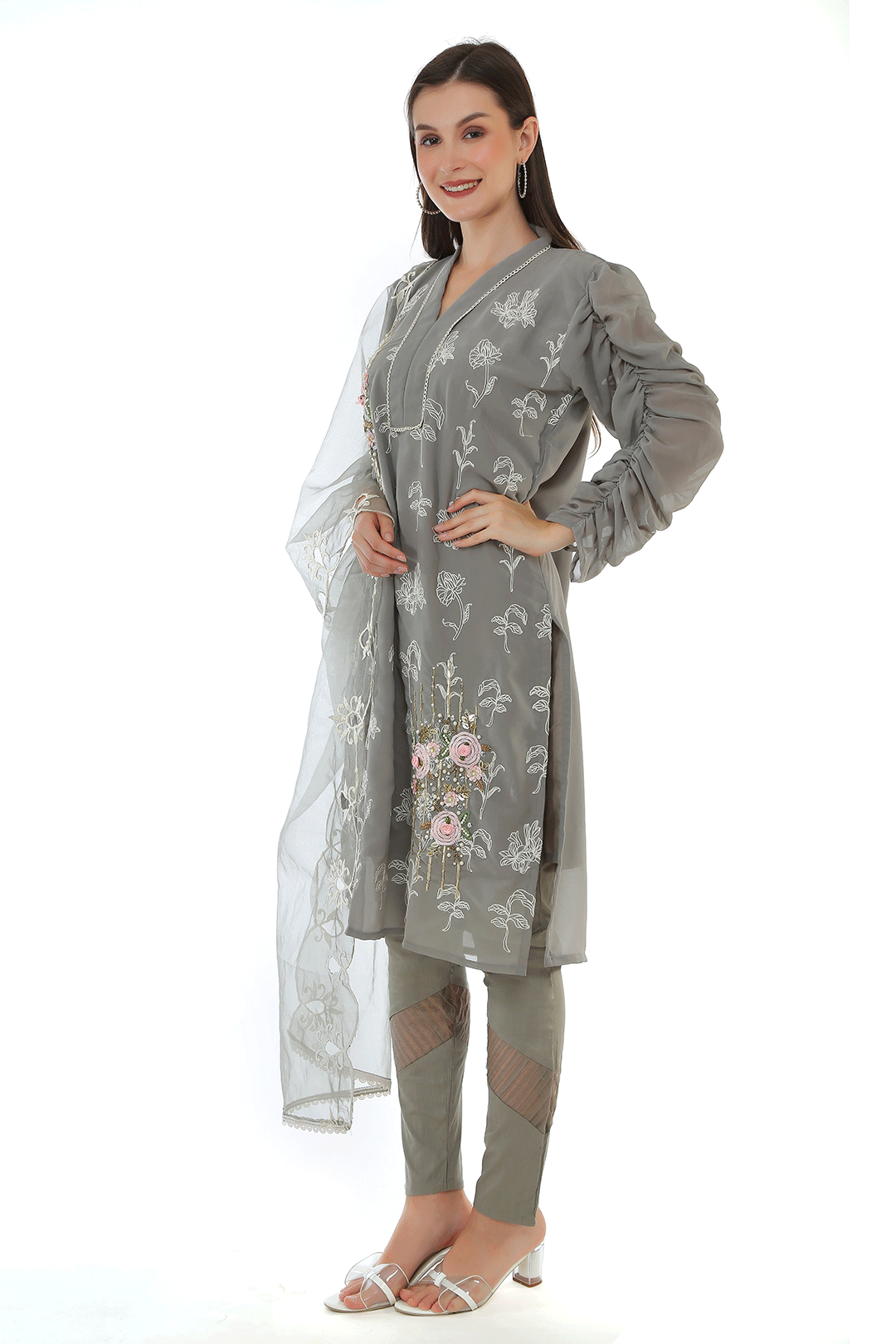 Glare Grey Puffed Sleeves Suit Set